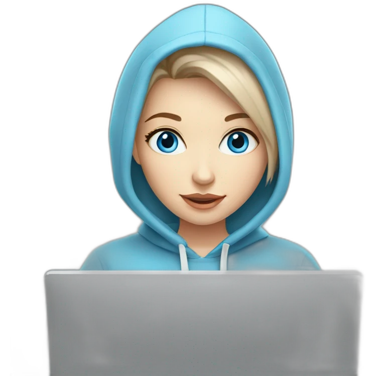 beautiful girl with computer,blue eyes,beautiful girl with short hair with computer,blue eyes,white skin, makeup, hoodie,short light-brown hair,code in background emoji