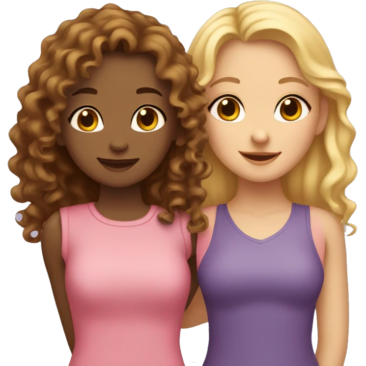 One girl withe brown curly hair and another girl with straight blonde hair hugging each other emoji