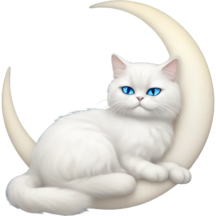 White Persian cat with blue eyes sleeping on crescent moon  emoji