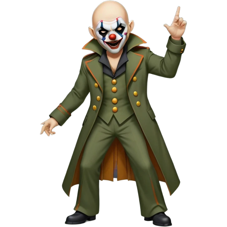 evil clown, bald, small black horns on forehead, fangs, pointed ears, eye patch over one eye, long coat over black and military green leisure suit with bellbottom pants, realistically proportioned, less bulky, full body, battle-ready, fighting posture emoji