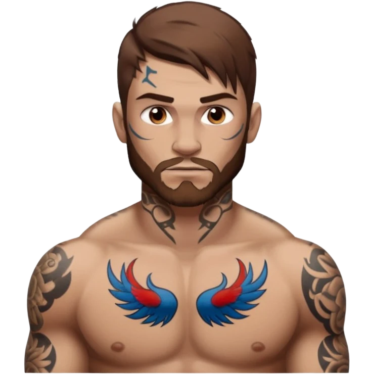 tattoo man, fair white skintone,brown hair, tattoos on face, more visible, bulky man with tattos on his chest, heavy tattooos. emoji