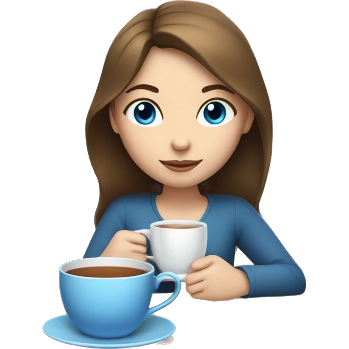 Girl with white skin, brown hair, and blue eyes sipping tea emoji