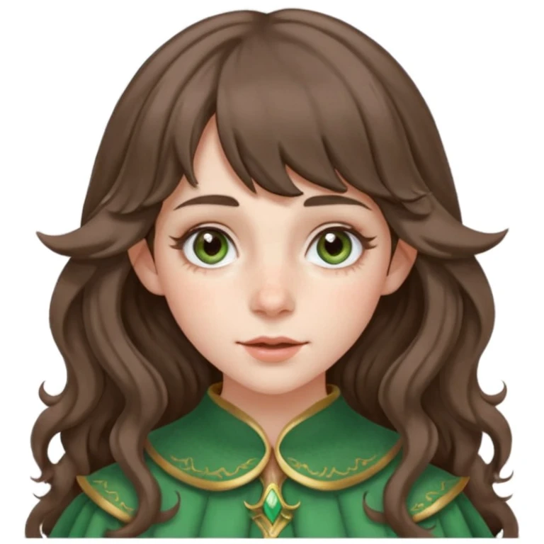 A young woman with medium length brunette wavy hair, with curtain bangs. Has pale ivory skin, rosy cheeks, and has freckles dusting the cheeks and nose. Has hazel green/gray eyes, and long elf ears. emoji
