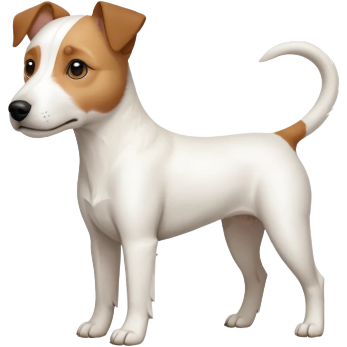 a full body slightly chubby white parson russell terrier looking dog the size of a kelpie with light brown long ears and a light brown patch on one eye and a large snout. the rest of the dog is completely white. forward facing emoji