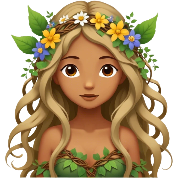Cinematic Realistic Forest Nymph Fairy Portrait, depicted with lifelike, sun-kissed tanned skin that radiates an earthy glow, softly illuminated by natural, dappled light. Her long, flowing hair is intricately detailed and interwoven with delicate vines and wildflowers, while her deep, soulful eyes mirror the wisdom of the forest. Dressed in an attire inspired by nature’s palette—with subtle botanical motifs—the portrait exudes a soft, enchanted glow that melds realism with woodland magic. emoji
