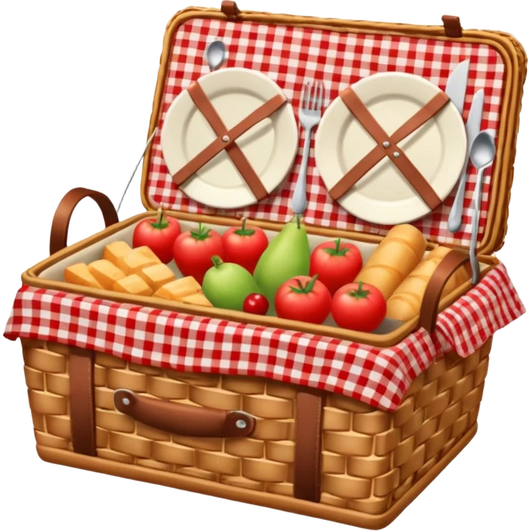 Picnic basket with red checkered cloth and filled with delicacies emoji