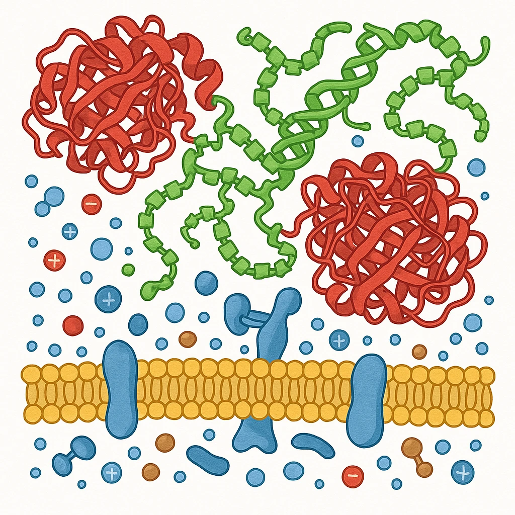 Ultra-realistic scientific illustration of enzymatic starch digestion at the cellular level, rendered in textbook-accurate detail. Show:

Multiple amylase enzyme molecules (red, with clear tertiary structure showing alpha-helices and beta-sheets) actively cleaving
Starch polymers (green amylose/amylopectin with accurate glucose unit linkages - α(1→4) and α(1→6) branches)
Cell membrane segment (yellow phospholipid bilayer with integral proteins and cholesterol molecules)
Reaction environment (blue water molecules, ionic interactions, pH-sensitive groups)
Molecular interactions (hydrogen bonds, substrate-enzyme transition state, electron cloud textures)
Technical Specifications:

Background: Pure white (#FFFFFF)
Accuracy: PDB-level structural correctness (reference 1SMD for amylase)
Exclusions: No labels
Special Details to Include:

Catalytic triad (Asp197, Glu233, Asp300) in amylase active site
Starch helix distortion during hydrolysis
Membrane protein channels for glucose transport emoji