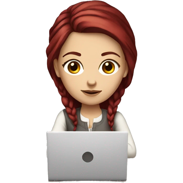 Slavic white girl with burgundy hair and brown eyes with laptop on the table  emoji