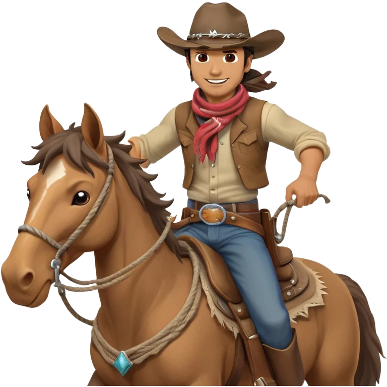 clash-of-clans-aesthetic_-cinematic-playful-cowboy-portrait-emoji, head-tilted with a roguish, cheeky grin and twinkling eyes, featuring a rugged, spirited build with a wide-brimmed cowboy hat and a weathered bandana on tan skin, riding a powerful galloping horse with dynamic flowing mane, reins gripped firmly in one hand and a lasso in the other, as dust swirls behind them in a vast desert landscape. emoji