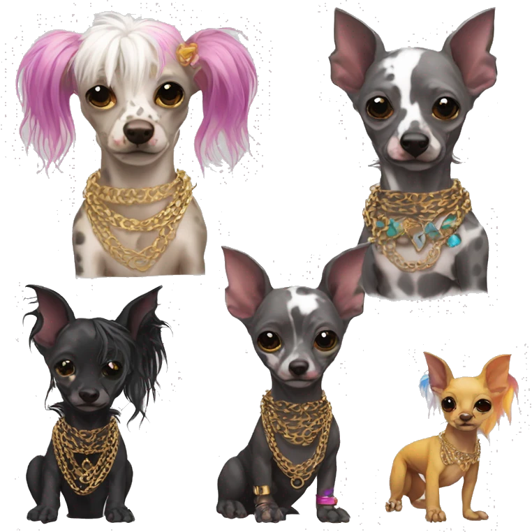 Punk Chinese crested dog rainbow gecko markings piercings gold chain tattoos emoji