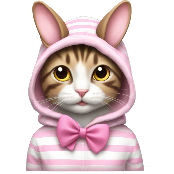 striped cat IN a BUNNY HOODIE with pink bow tie emoji