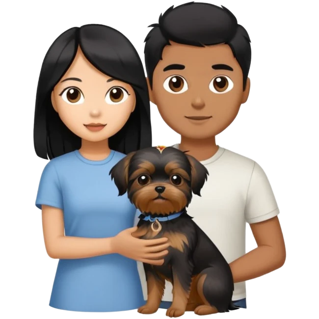 A beautiful Asian girl with long black hair is holding a small Yorkshire Terrier. She is standing next to her brown skinned boyfriend, who is holding a Shih Tzu. They are each holding one dog each emoji