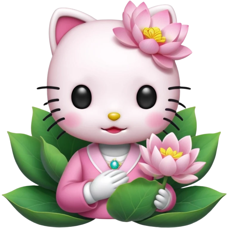 hello kitty with her eyes closed and a lotus flower in her hands  emoji