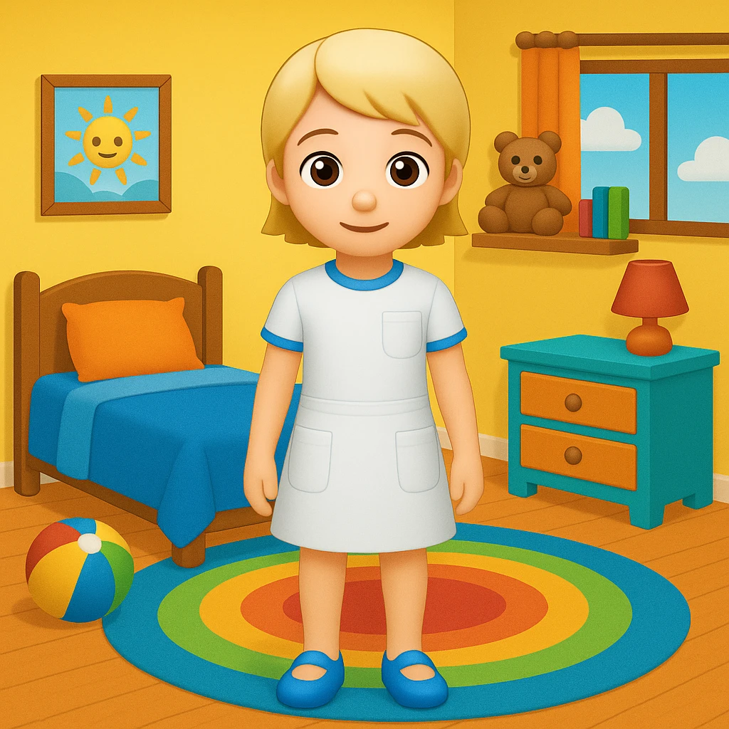 Add a colorful bedroom background with bright walls, playful decorations, and a cozy rug. Keep the room tidy and inviting in emoji style emoji