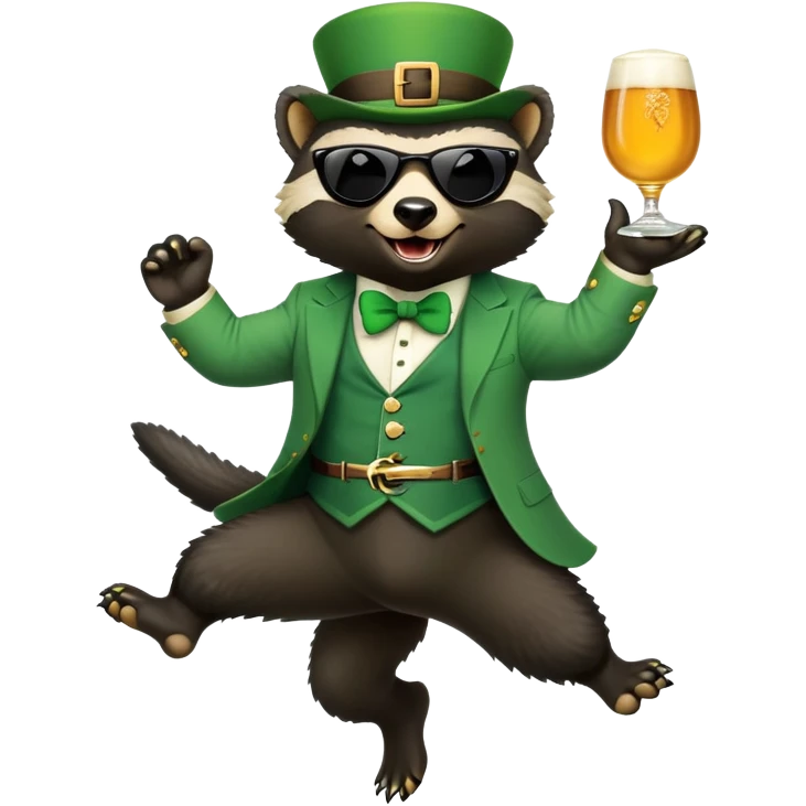 friendly anthropomorphised honey badger in a classic leprechaun suit with shamrock accessories, wearing sunglasses, jumping, St. Patrick's Day, no beer emoji