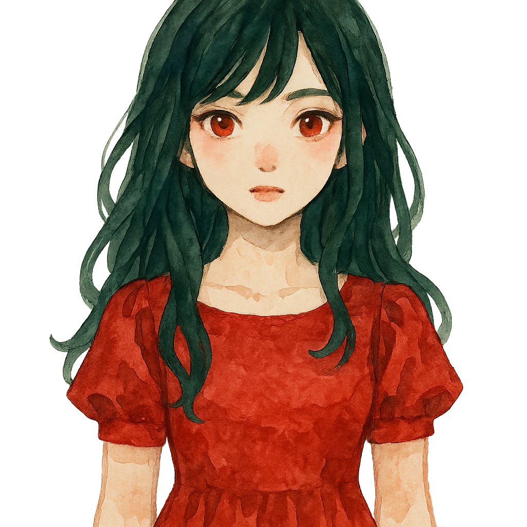 watercolor style girl with dark green hair, red eyes, and a red dress emoji