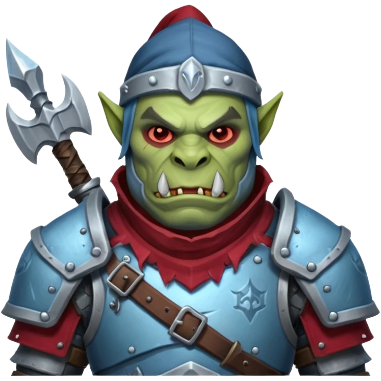 
Fantasy Christmas orc legion soldier icon, iron tundra army theme, heavy winter armor, disciplined brutal look, icy blue steel armor with deep crimson accents, frozen metal texture, cold winter atmosphere, male variant emoji