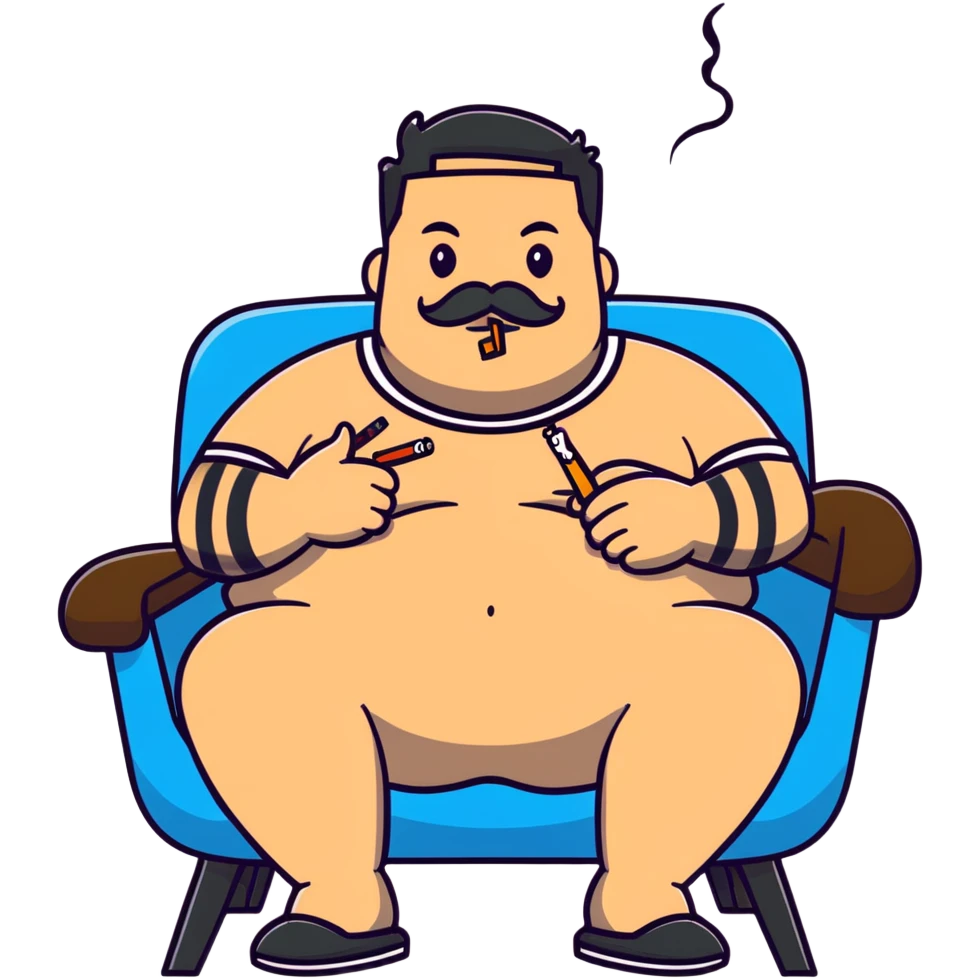 Overweight man sitting back in chair with legs spread, holding cigarette, exposed belly, round face, very short black hair (not bald), short beard with mustache, black t-shirt with light stripes on top, black shorts, arms covered in black line tattoo patterns on forearms and shoulders emoji