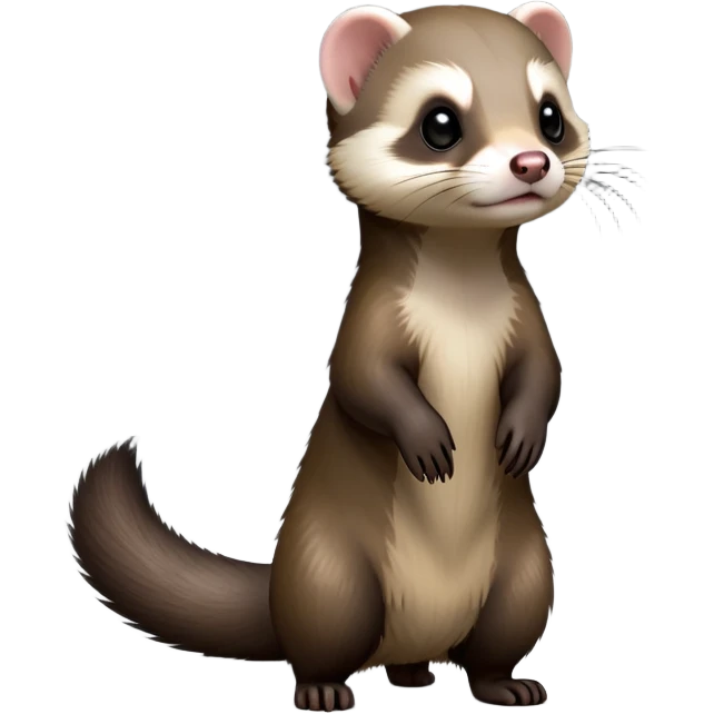 cinematic-[ferret]-realistic-full- long elongated body-standing-emoji,-tiny-paws-tucked-close,-head-tilted-dramatically,-sleek-[sable]-fur,-simplified-yet-realistic-focused-features,-highly-detailed,-glowing-with-an-almost-sarcastic-glow emoji
