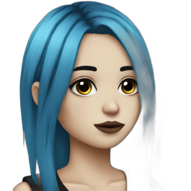 realistic emo girl, black makeup, long choppy blue hair side bangs emoji