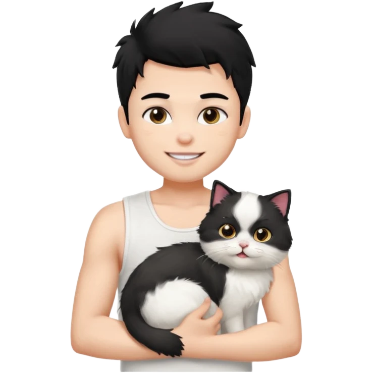 a pretty bratz boy with black hair and white sleeveless tank with a white persian cat smiling emoji