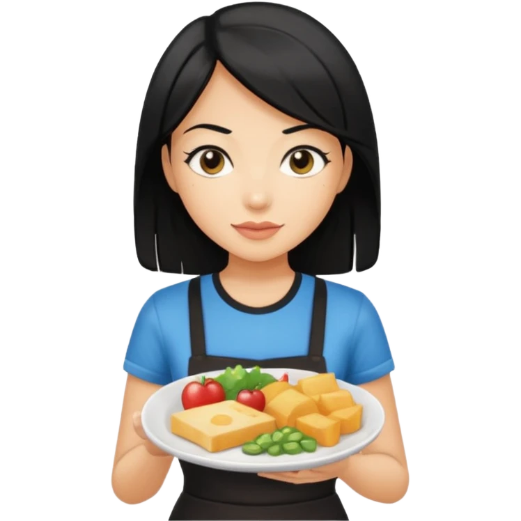waitress with black hair and a food plate with a black tshirt emoji