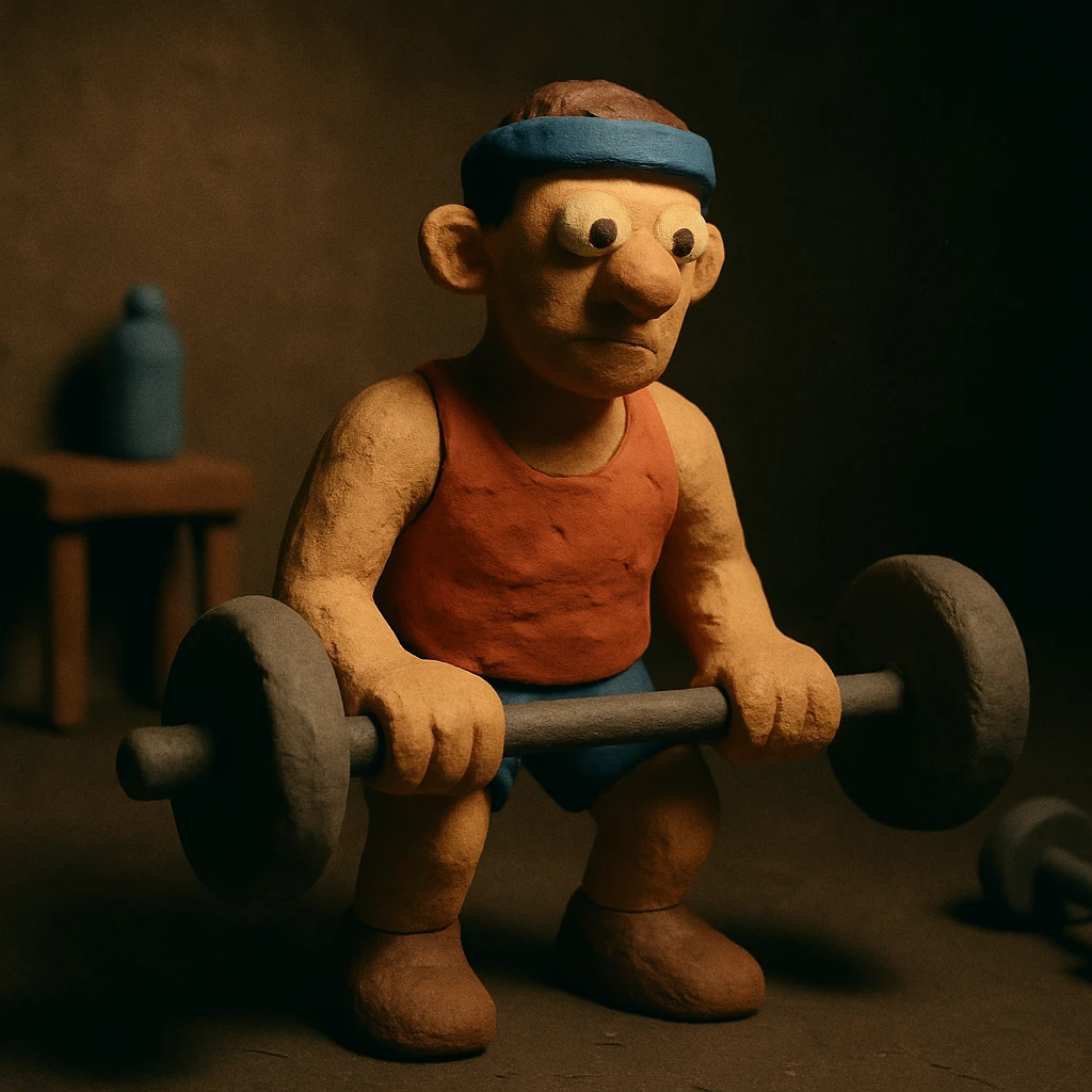 a claymation figure training in the dark, with soft lighting emoji