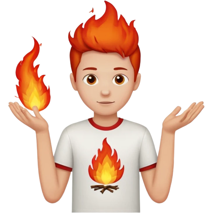 A boy with no hands fire instead made out of red fire and the boy is wearing a shirt that says FIRE CREATOR  emoji