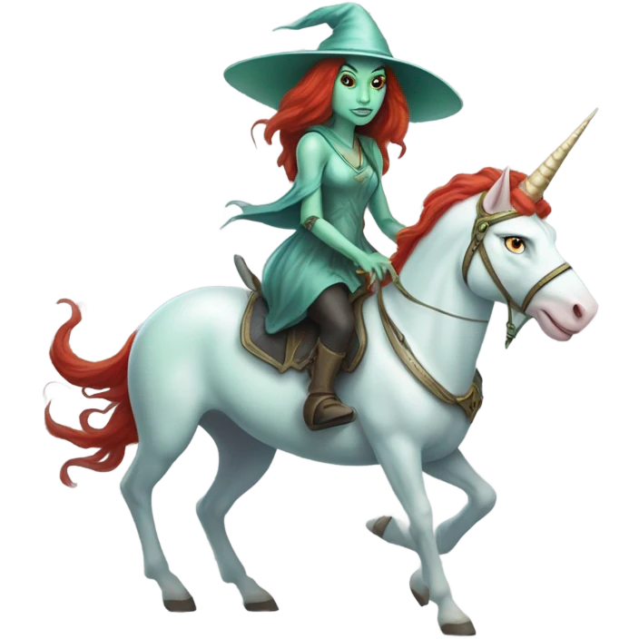 [politically incorrect, (
	{ female, alien, witch, color: light green, hair:red, eyes:cat} ]
	on a 
	[{ unicorn: white, legged:four, mane: light blue }]) emoji