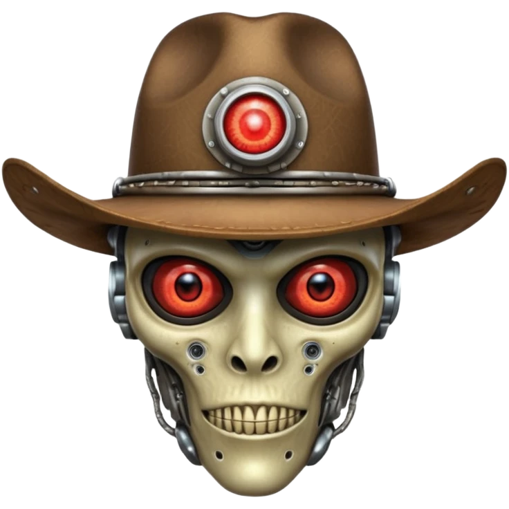 Close-up portrait of a biomechanical alien cowboy, half organic half robotic face, metallic textures blending with alien skin, glowing red eye, futuristic cowboy hat, moody lighting, ultra realistic detail, cyber-western style
 emoji