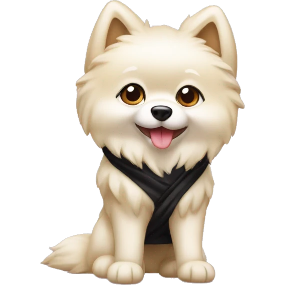Cream color Spitz stands on its hind legs in heels and in a black robe  emoji