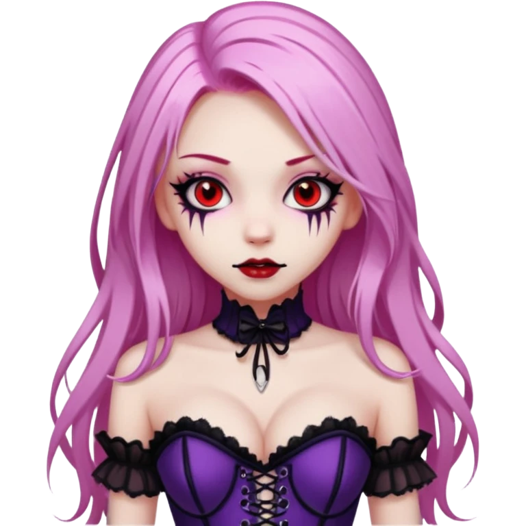 pretty scary girl, long straight LIGHT pink HAIR,SCARY RED eyes, black eyeliner, pale skin, purple corset clothes with laces emoji