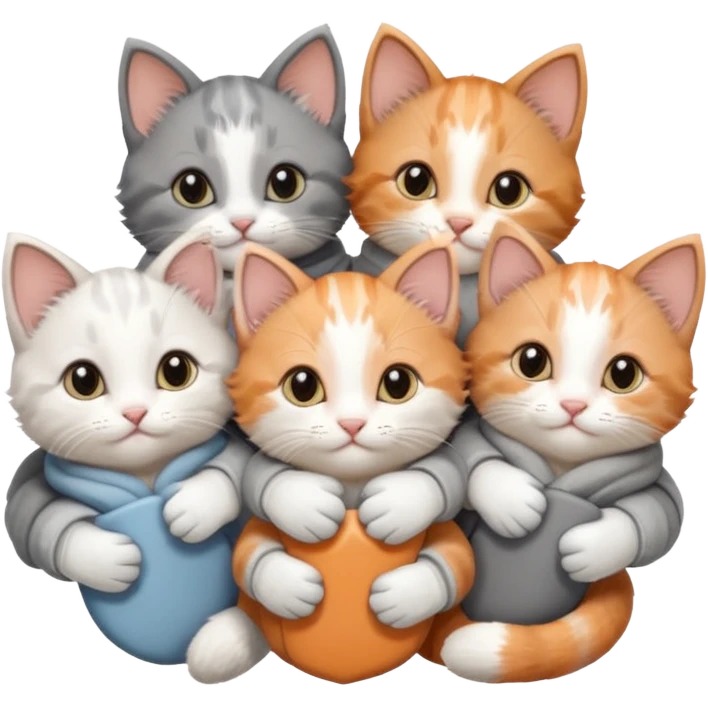 6 tiny kittens cuddling together all various different natural colours including solid grey with white mittens, grey and white, ginger and white, calico, and brown and white emoji