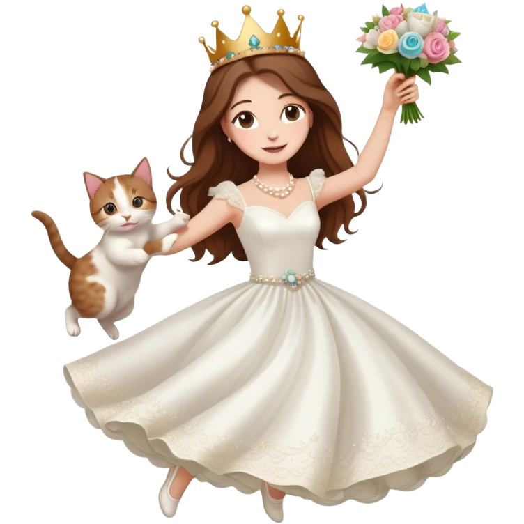 White woman - long hair - white wedding dress - holding a kitten - happy - jumping - stylish - elegant - bouquet - dreamy - colorful - wearing a crown - pearl accessories emoji