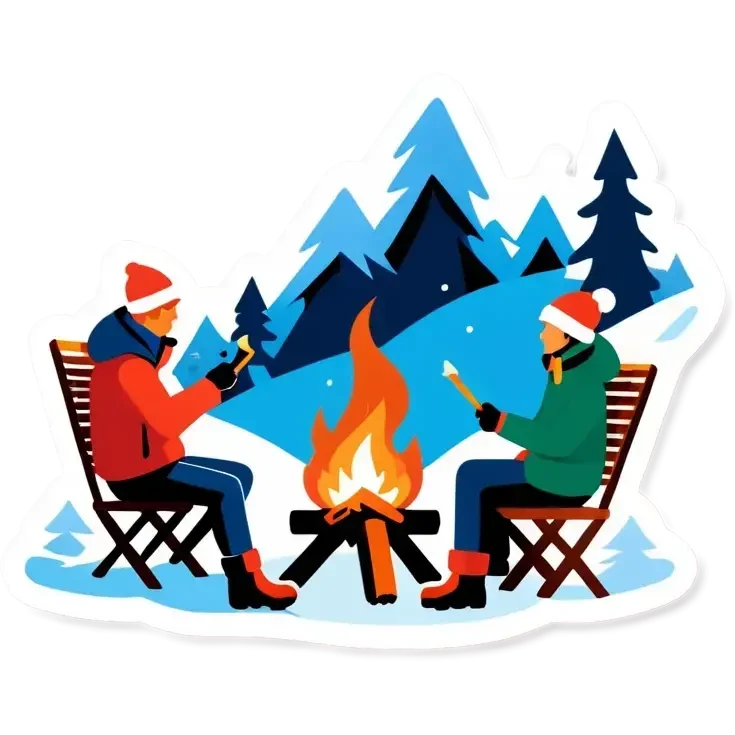 Drei Personen, Lagerfeuer in schneebedeckten Wald mit Nordlichtern am Himmel emoji