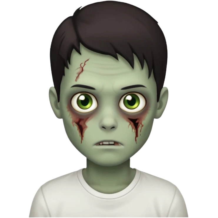 Um garoto zombie de cabelo castanho escuro, quase preto, com um cabelo médio, com olhos castanhos esverdeados, de camisa branca emoji