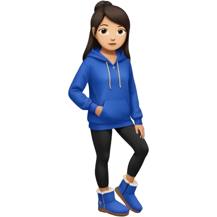 A pretty white/asian tanned girl with medium long strait dark brown almost black hair wearing a royal blue hoodie and black leggings pretty tan with Ugg slippers emoji