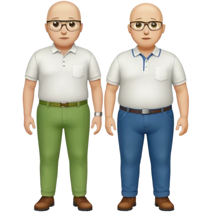 two guys, the first guy is white bald have glases a white dressshirt with rolled up sleeves and green pants he is over weight, The second guy has a yellow skin tone white golf shirt blue jeans and bald they should stand next to eachother emoji