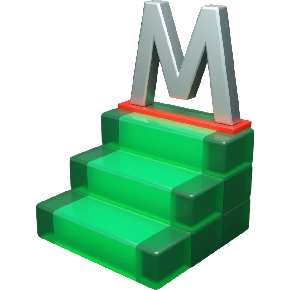 Minimalist 3D hierarchy stairs made of glowing green blocks. Above the highest step is a sleek letter "M" with a bright red glowing underline. Dark background, premium brand identity style. emoji