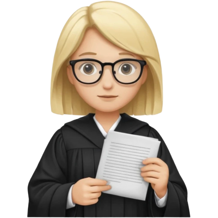 Young judge, blonde hair with glasses and robe, hold a paper emoji