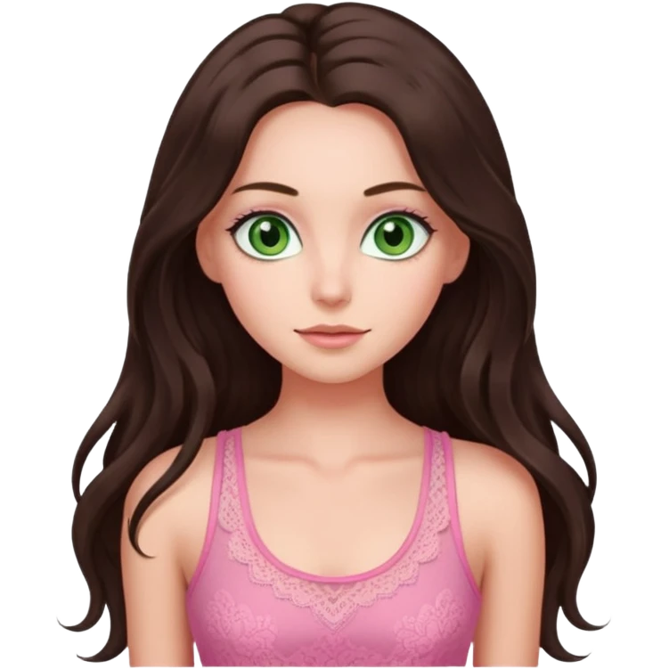 super long haired brunette with middle part cute pink lacy tank white but tan green eyes hairflup emoji
