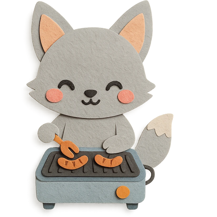 kawaii electric grill fox cooking tiny sausages, blushing, pastel grey, full-body emoji