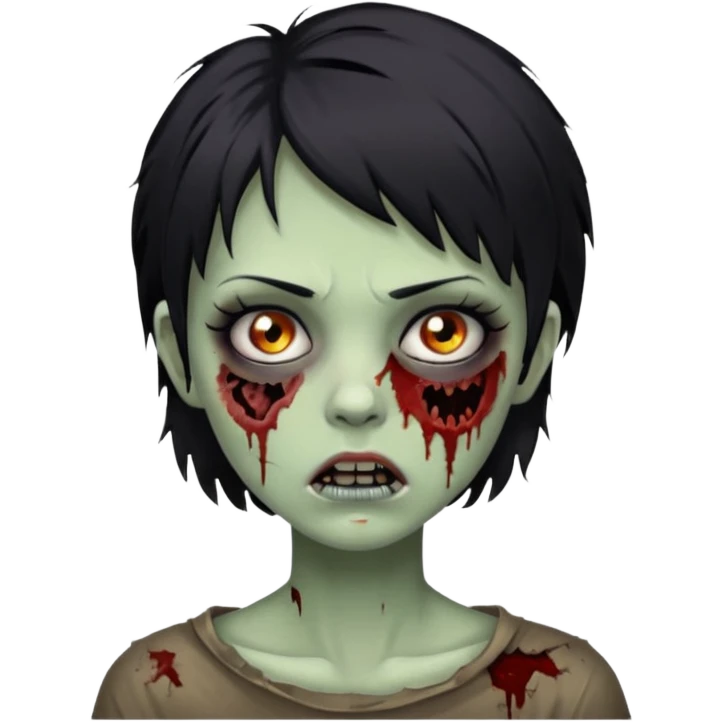 Zombie girl with messy black short hair with lashes and torn cheek emoji