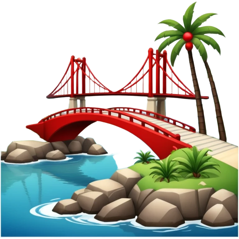 advanced modern island with advanced infrastructure, parks, contemporary architecture, beaches with palm trees, and with a red bridge on one side emoji