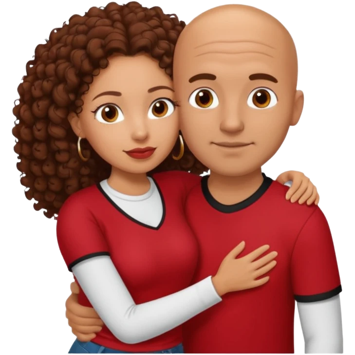 A picture of a tanned couple embracing. the guy is Mexican, with a bald hair cut and he is wearing a red shirt. the girl is mixed, the girl is wearing a black shirt, the girl has brown curly big hair and with big boobs  emoji