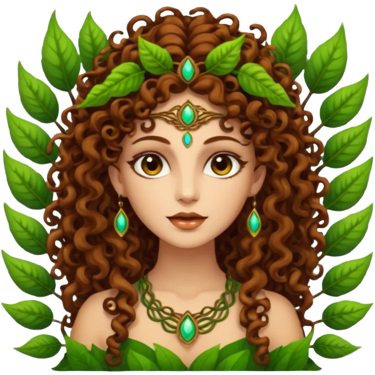 Psychedelic goddess of the forest with brown eyes , brown curly hair emoji