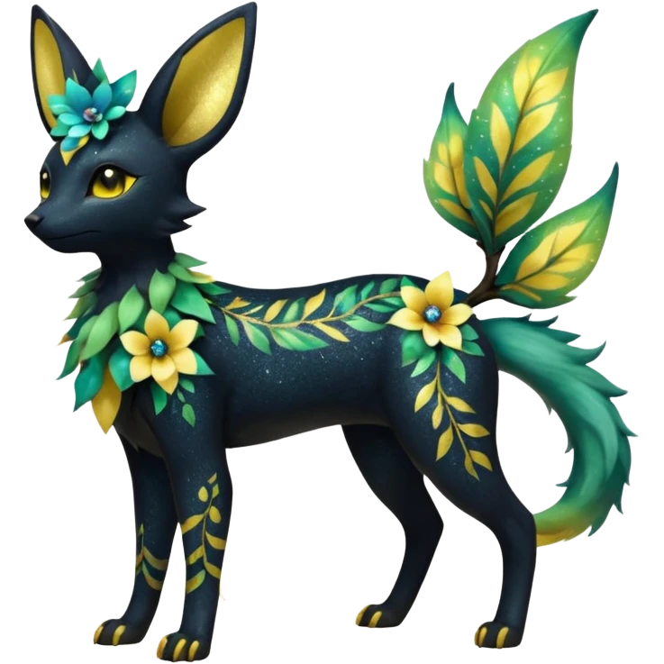 Multicolored sparkly light realistic pretty cool elegant realistic floral exotic Trico-Bolthund-Electrike-Luxray-Umbreon-Leafeon-hybrid, full body emoji