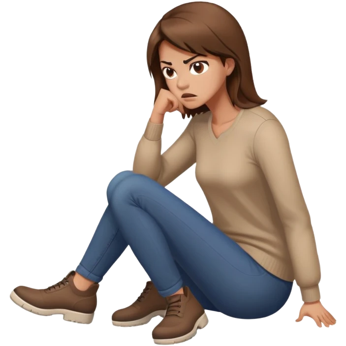 angry woman with brown hair sitting on a floor in profile avoiding conversation emoji