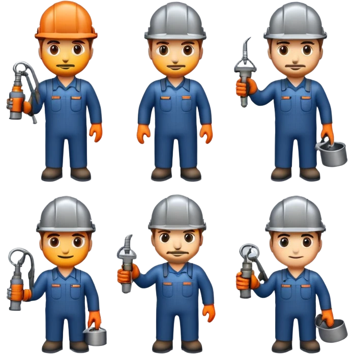 Professional custom emojis of industrial workers: welder, grinder, CNC operator, spray painter, metalworker. Modern, clean, slightly 3D style. Industrial color palette: steel gray, navy, orange. Transparent background emoji