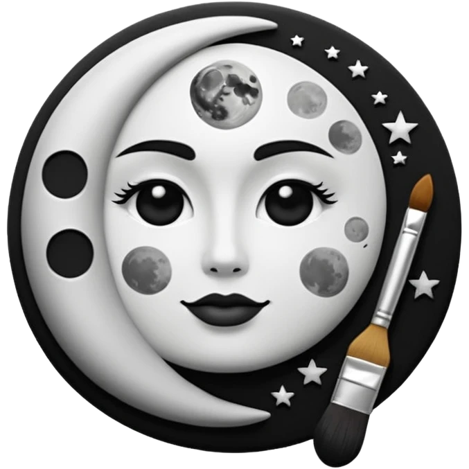 Visualize on-brand content — instantly. black white pallete preferred. brush painting on a canvas. app icon. modern, sleek, minimalistic. ai generated. make moon and star to look like a face. emoji